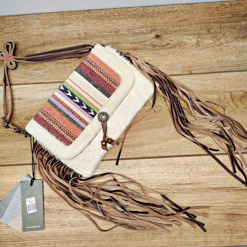 Myra Bag Delicate Hues Leather Hairon Crossbody Fringe Purse Boho Southwest - Picture 2 of 16